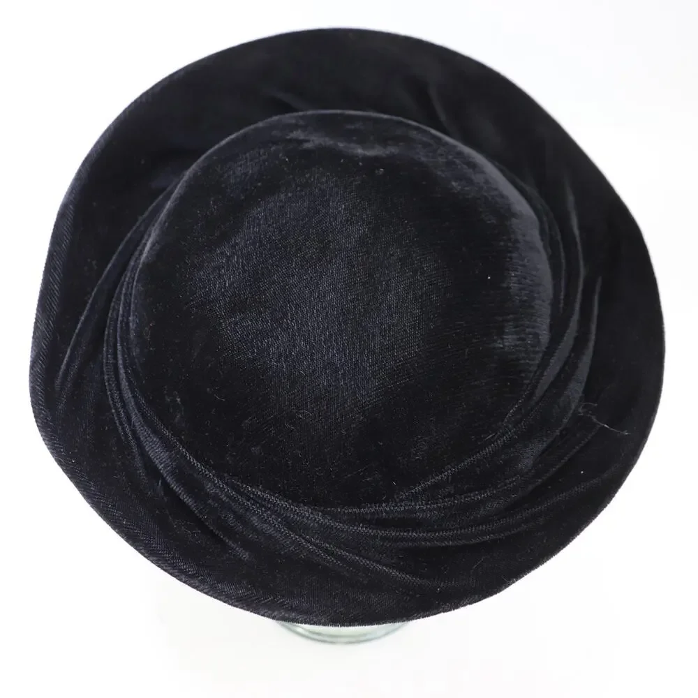Vintage 50s Hat Cap Women M L Black Velvet Pleated Offset Saucer Evening Formal
